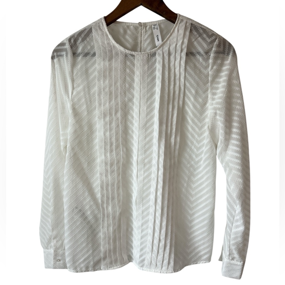 NWOT MNG White Sheer Pleated Long Sleeve Blouse